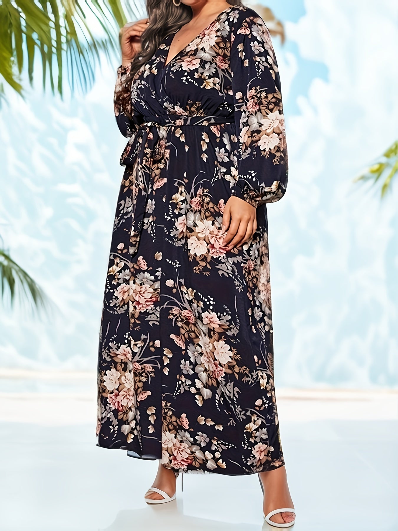  Floral Lantern Sleeve Maxi Dress With Belt