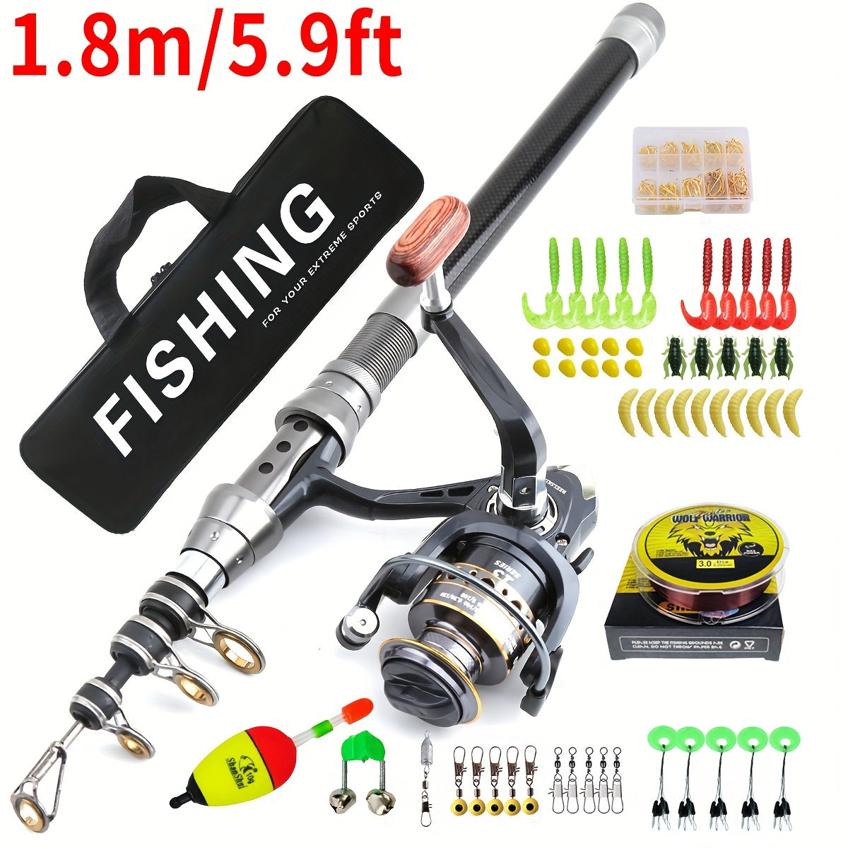 Telescopic Fishing Rod and Reel Combo, 1.8-3m Rod with 5.2:1 Gear Ratio Reel