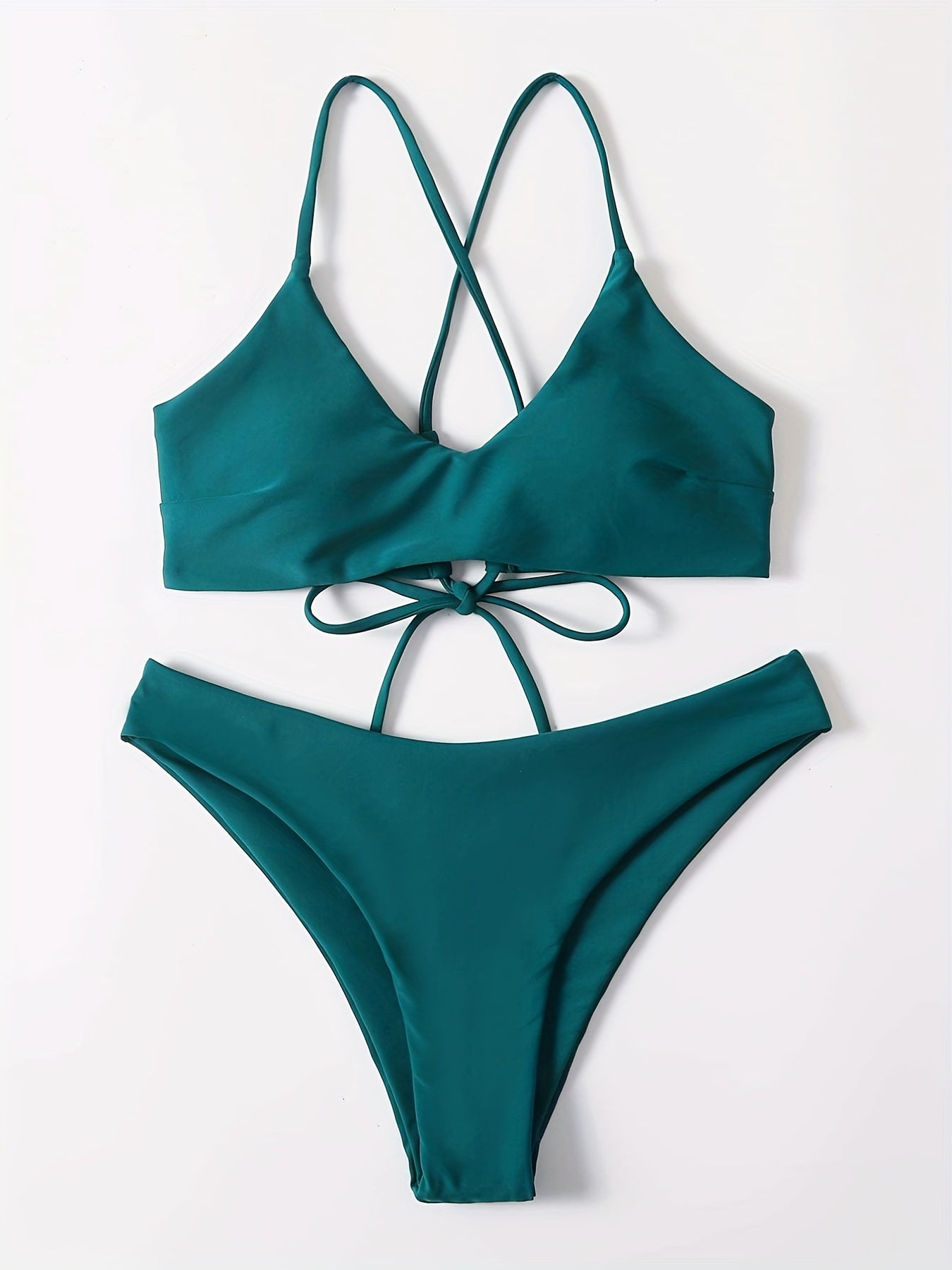Dark Green Criss Cross Tie Back Bikini Swimsuit