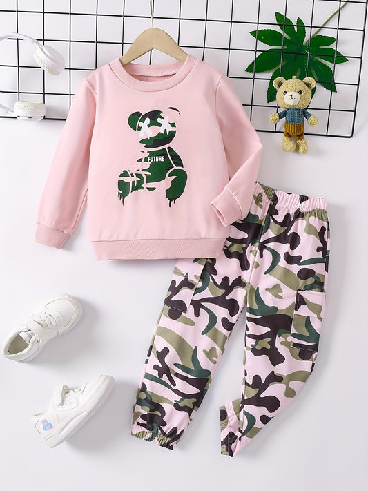 Girl's Bear Camo Sweatshirt & Sweatpants Set for Spring Fall