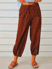 Women's Plus Solid Drawstring Elastic Button Decor Pants