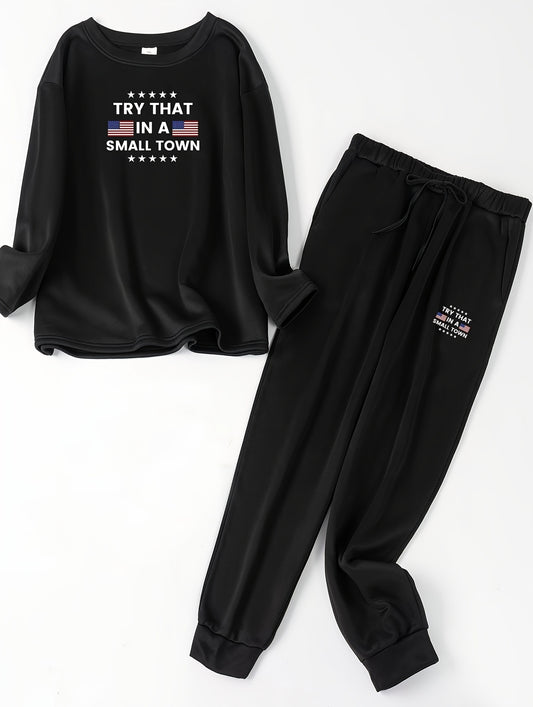  Lounge Set Flag & Slogan Print Fleece Top & Joggers 2PC Set