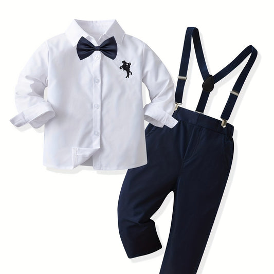 2pcs Boys Gentleman Outfits Short Sleeve Bowtie Long Sleeve Shirt&Suspender Kids