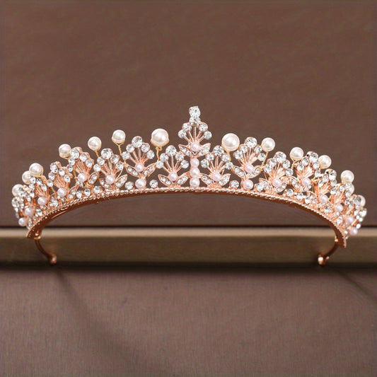 Golden Rhinestone Faux Pearl Wedding Crown Headband Bridal Tiara