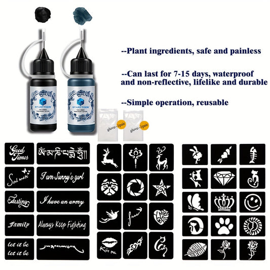 3 A4 Tattoo Stencils + Dye Paste - Animal Word Butterfly Pattern Semi-permanent