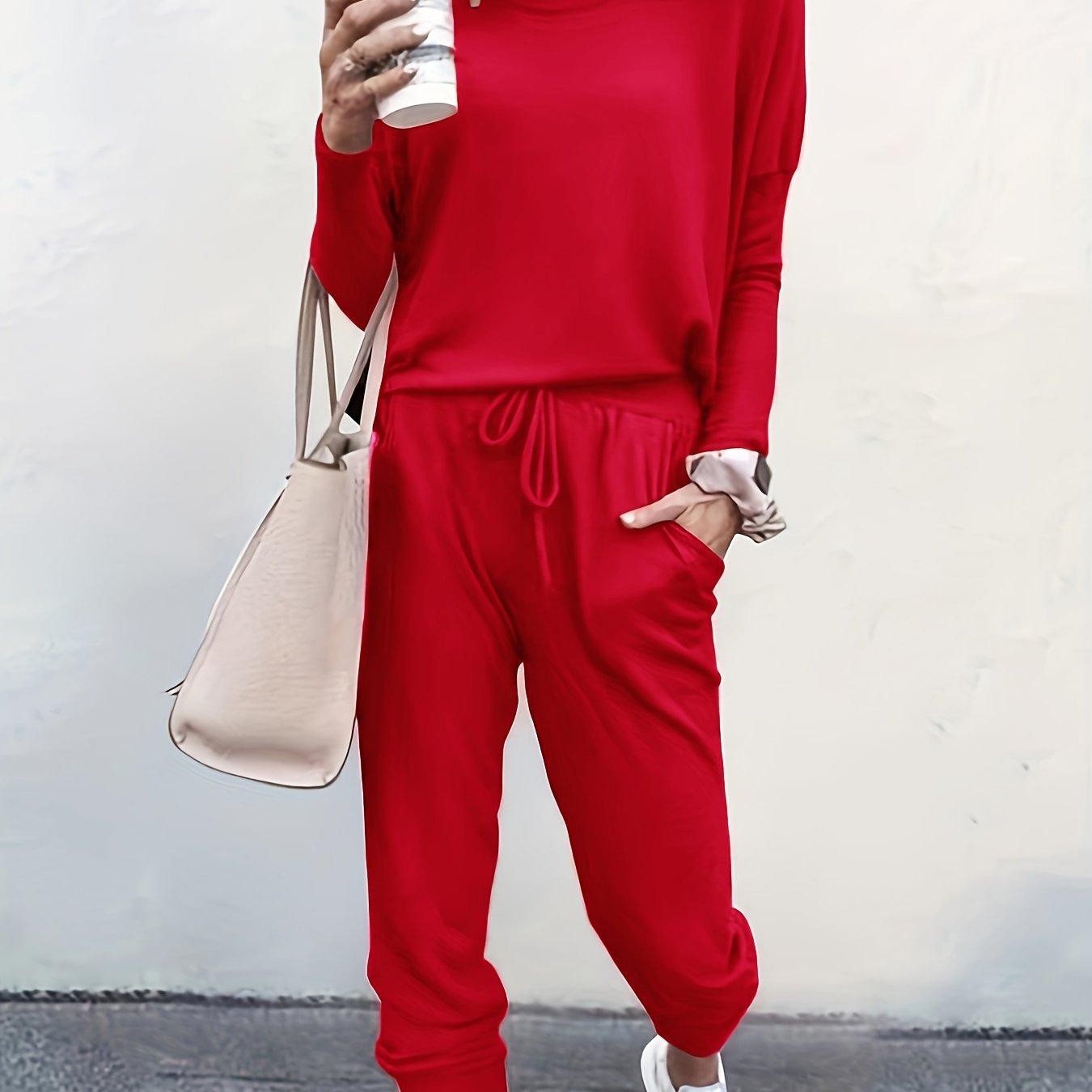  Women's Solid Long Sleeve Top & Drawstring Jogger Set