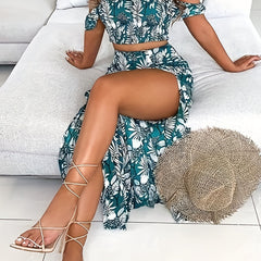 Vacation Plant Print 2pc Set Off Shoulder Tops & High Waist Skirts