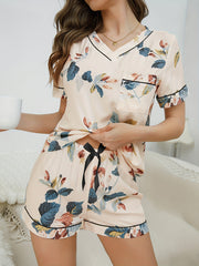Floral Print Pajamas Set Short Sleeve V Neck Top & Shorts