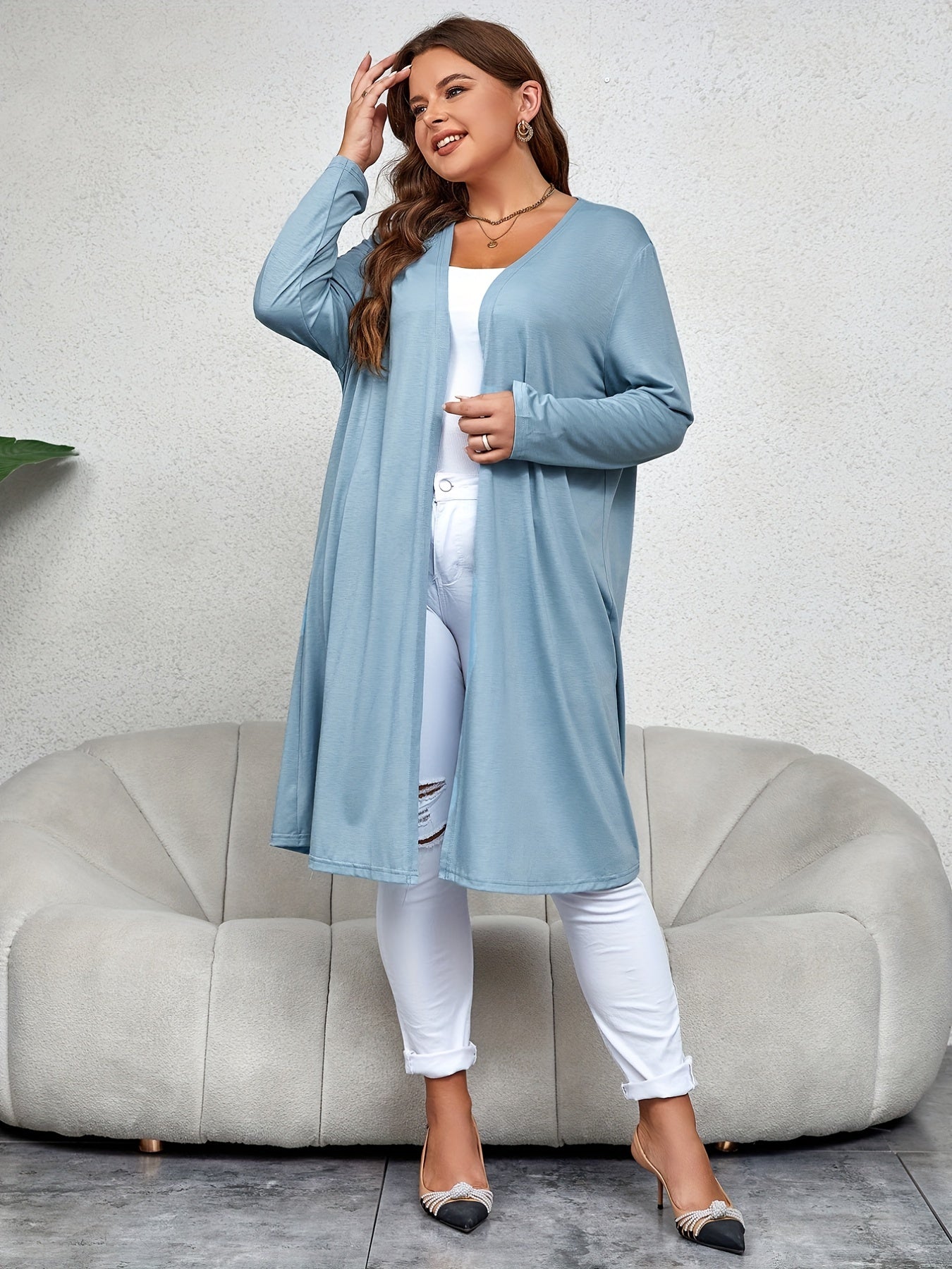  Solid Open Front Long Sleeve Cardigan