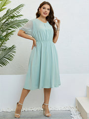  Solid Button Up Mesh Dot Bubble Sleeve Dress