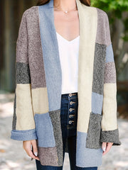  Colorblock Open Front Cardigan With Pockets