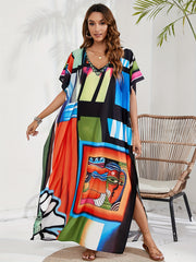  Geo Print Batwing Sleeve V-Neck Split Kaftan Cover Up