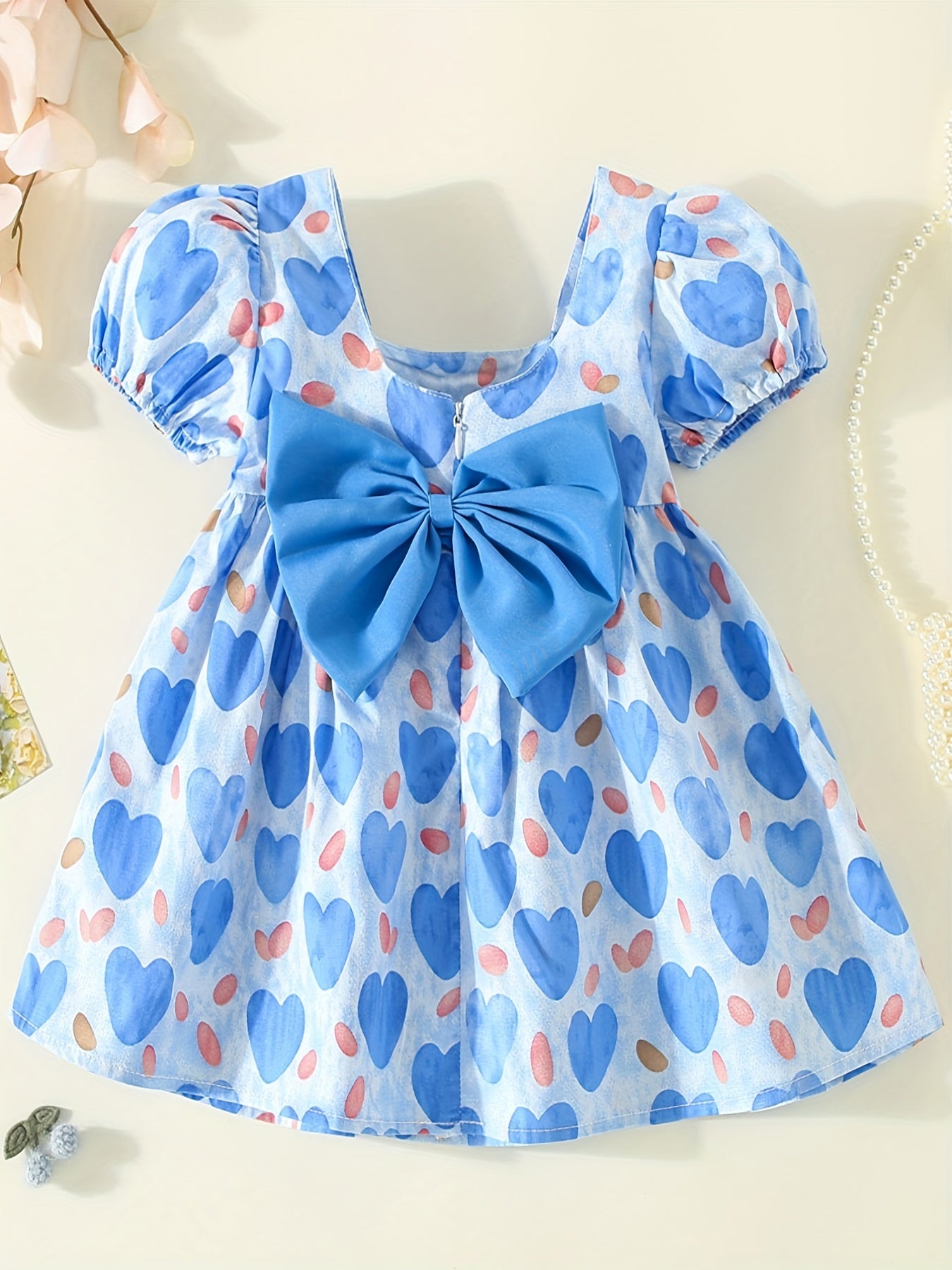 Girl's Heart Print Princess Dress with Puffy Sleeves & Big Bow