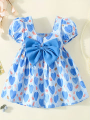 Girl's Heart Print Princess Dress with Puffy Sleeves & Big Bow