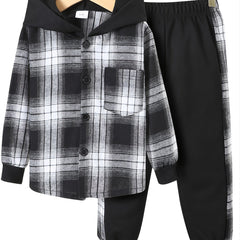 Toddler Boys Plaid Button Hoodie & Sweatpants Set