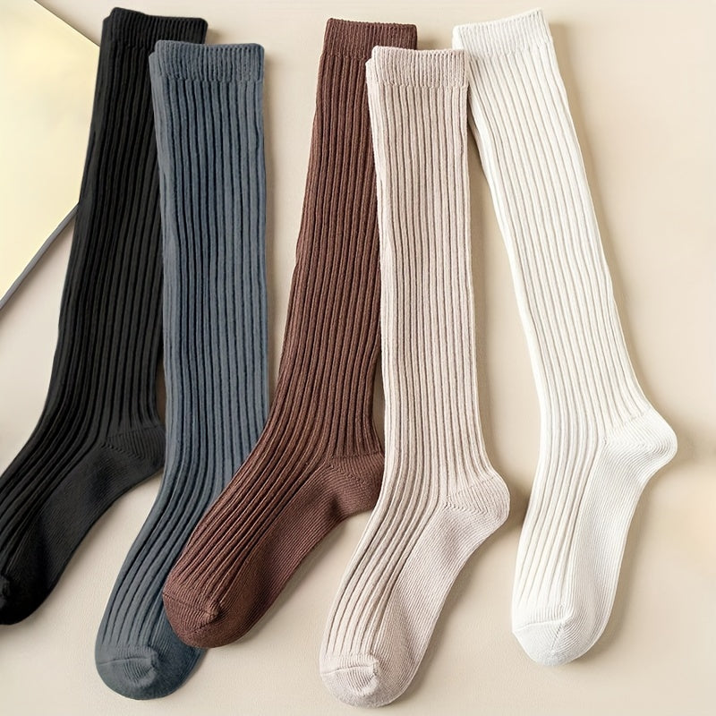 3 Pairs Solid Ribbed Calf Socks Knee High Stockings Women's Hosiery