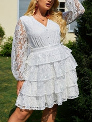  Solid Contrast Lace Lantern Sleeve V Neck Ruffle Trim Dress