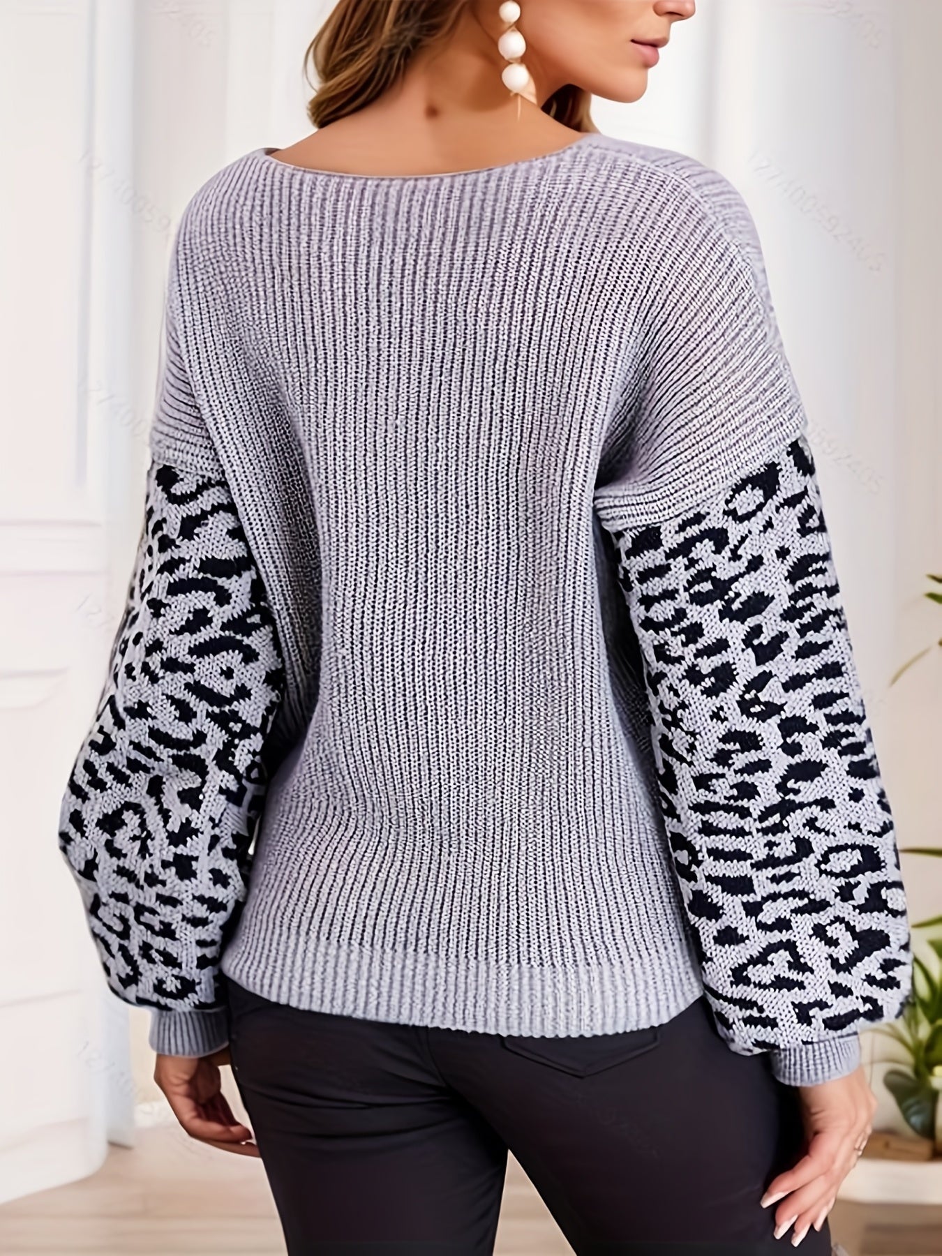  Leopard Print V Neck Pullover Sweater
