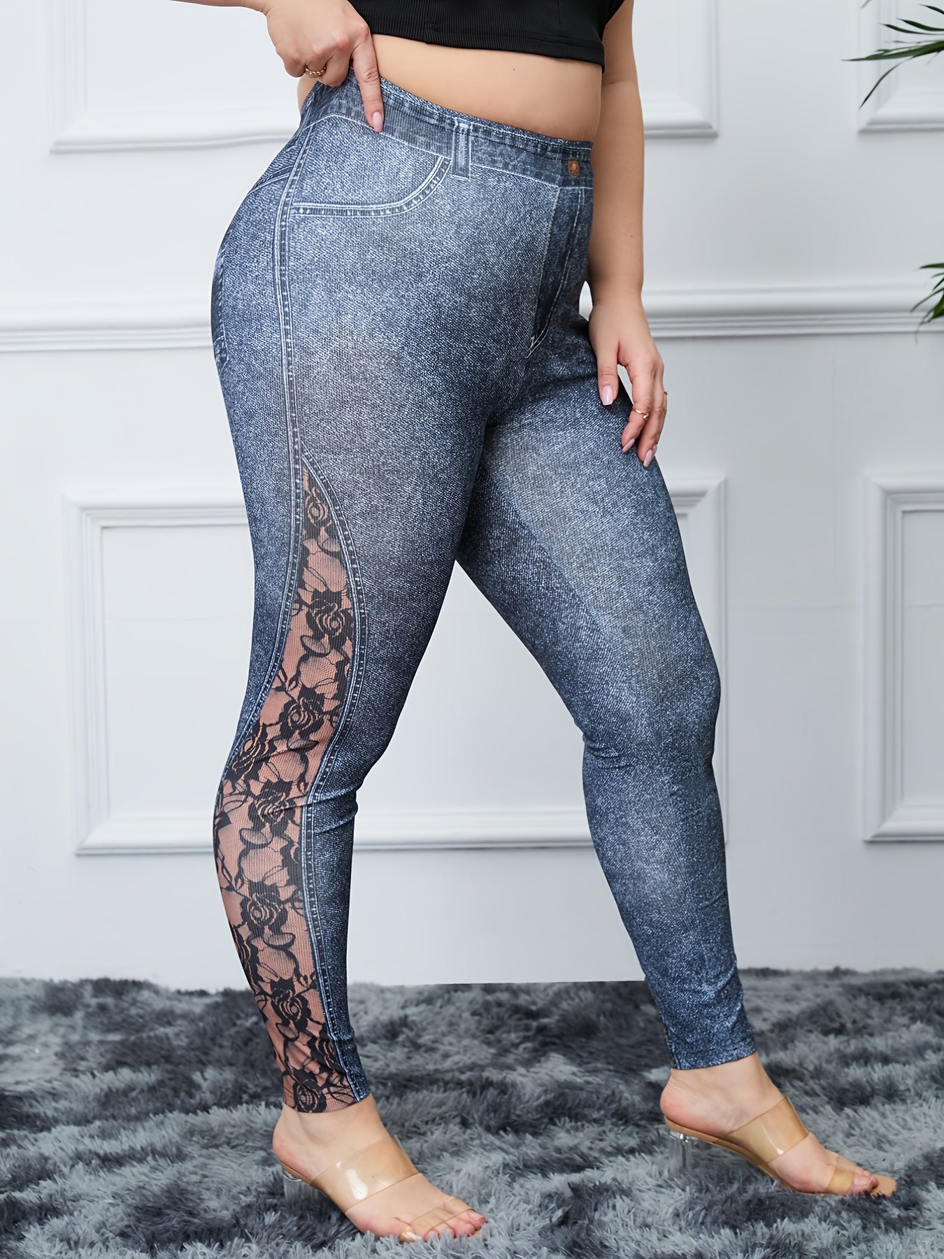  Lace Flower & Denim Print High Rise Skinny Leggings Women's Plus