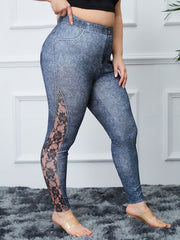  Lace Flower & Denim Print High Rise Skinny Leggings Women's Plus