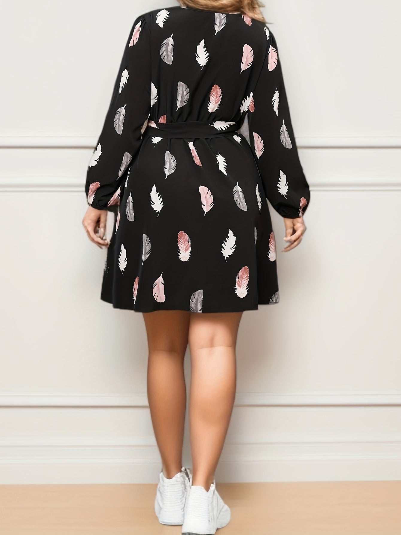 Feather Print Lantern Sleeve Mini Dress With Belt