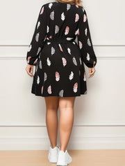 Feather Print Lantern Sleeve Mini Dress With Belt
