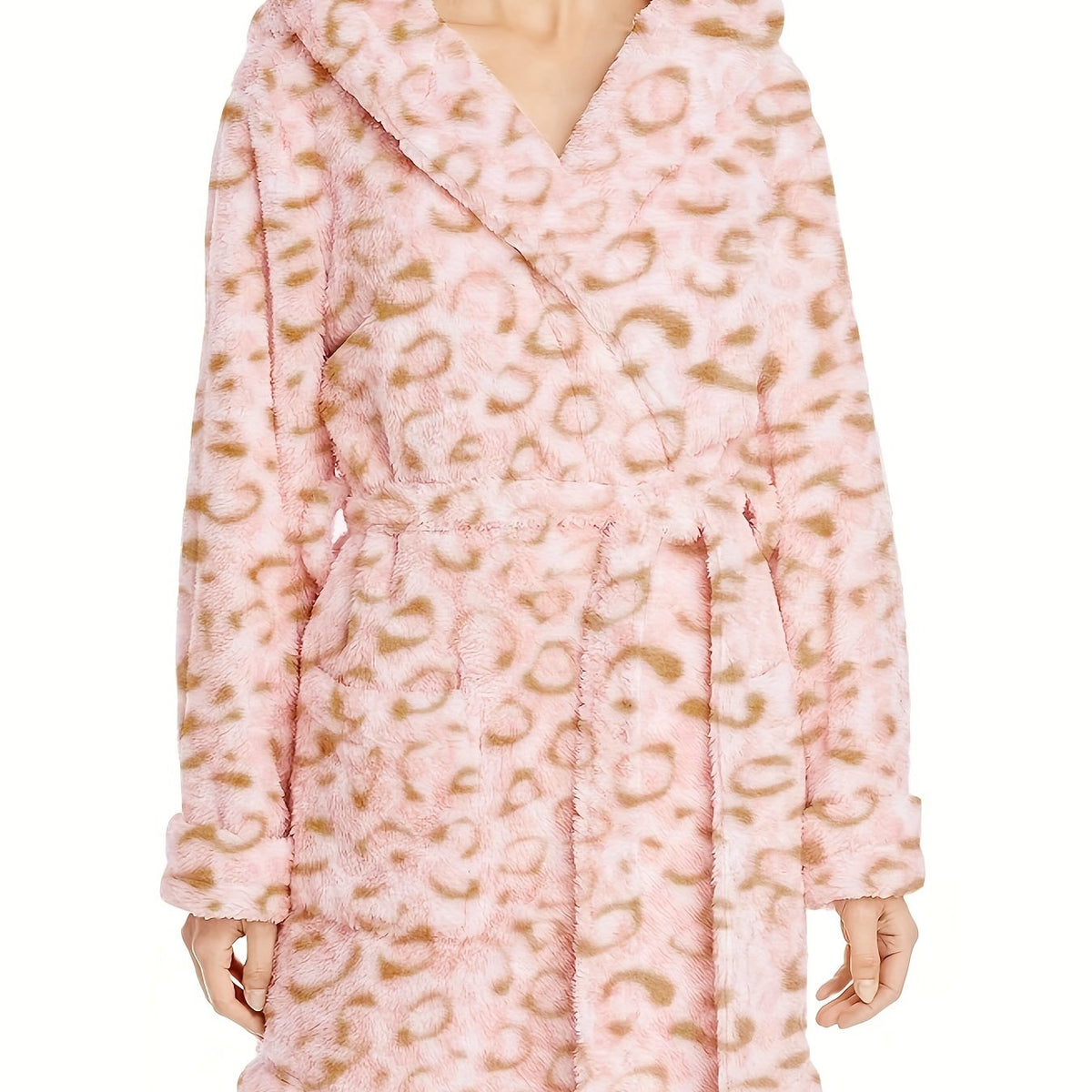  Leopard Pattern Hooded Flannel Robe with Pockets