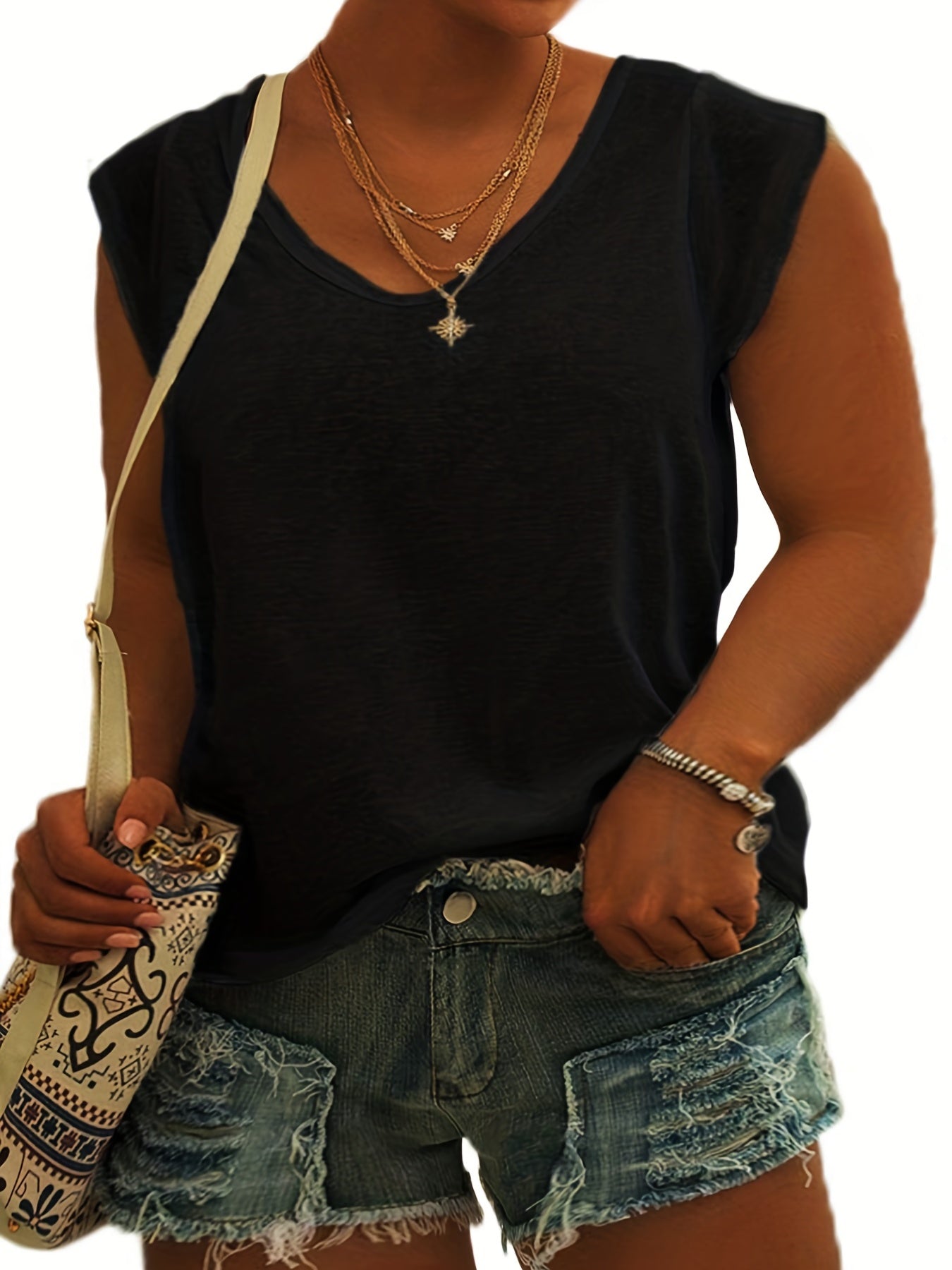  Casual Tank Top Women's Plus Plain Cap Sleeve V Neck Basic Tank Top