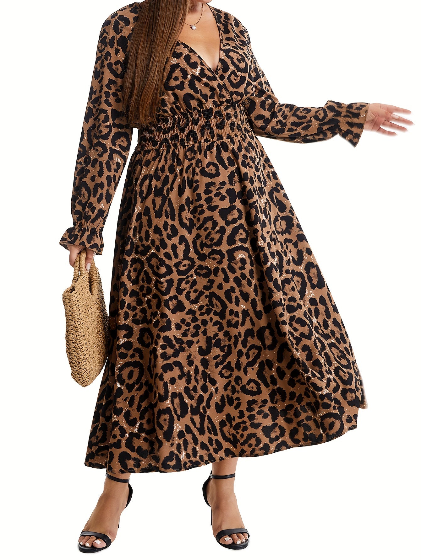  Leopard Print Long Sleeve Midi Dress