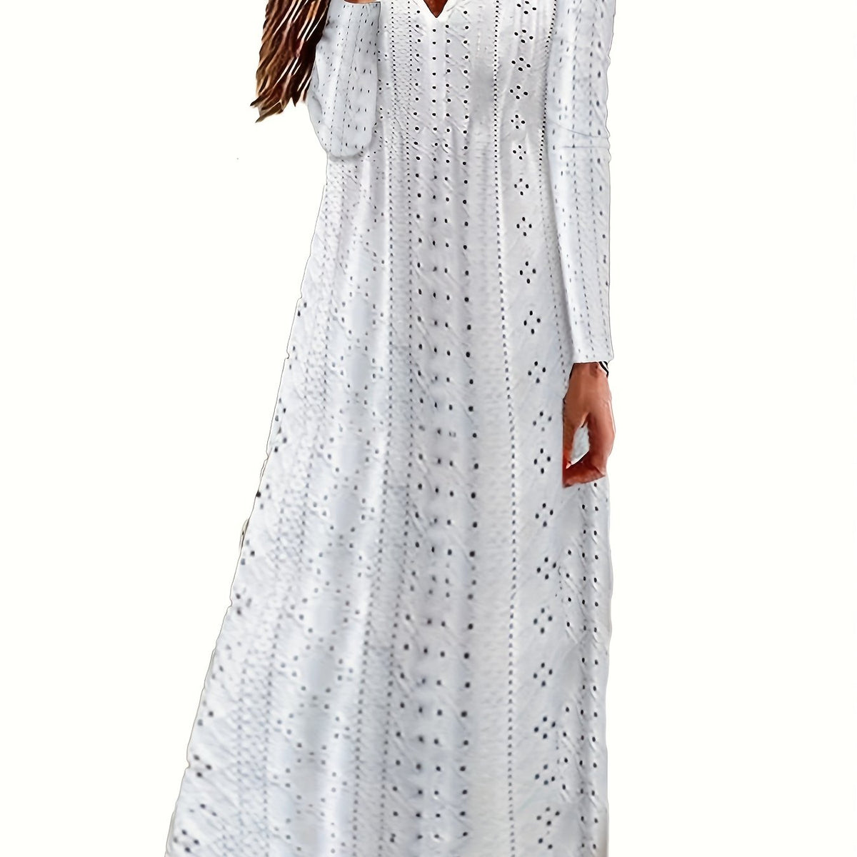  Embroidered Long Sleeve Notched Neck Dress