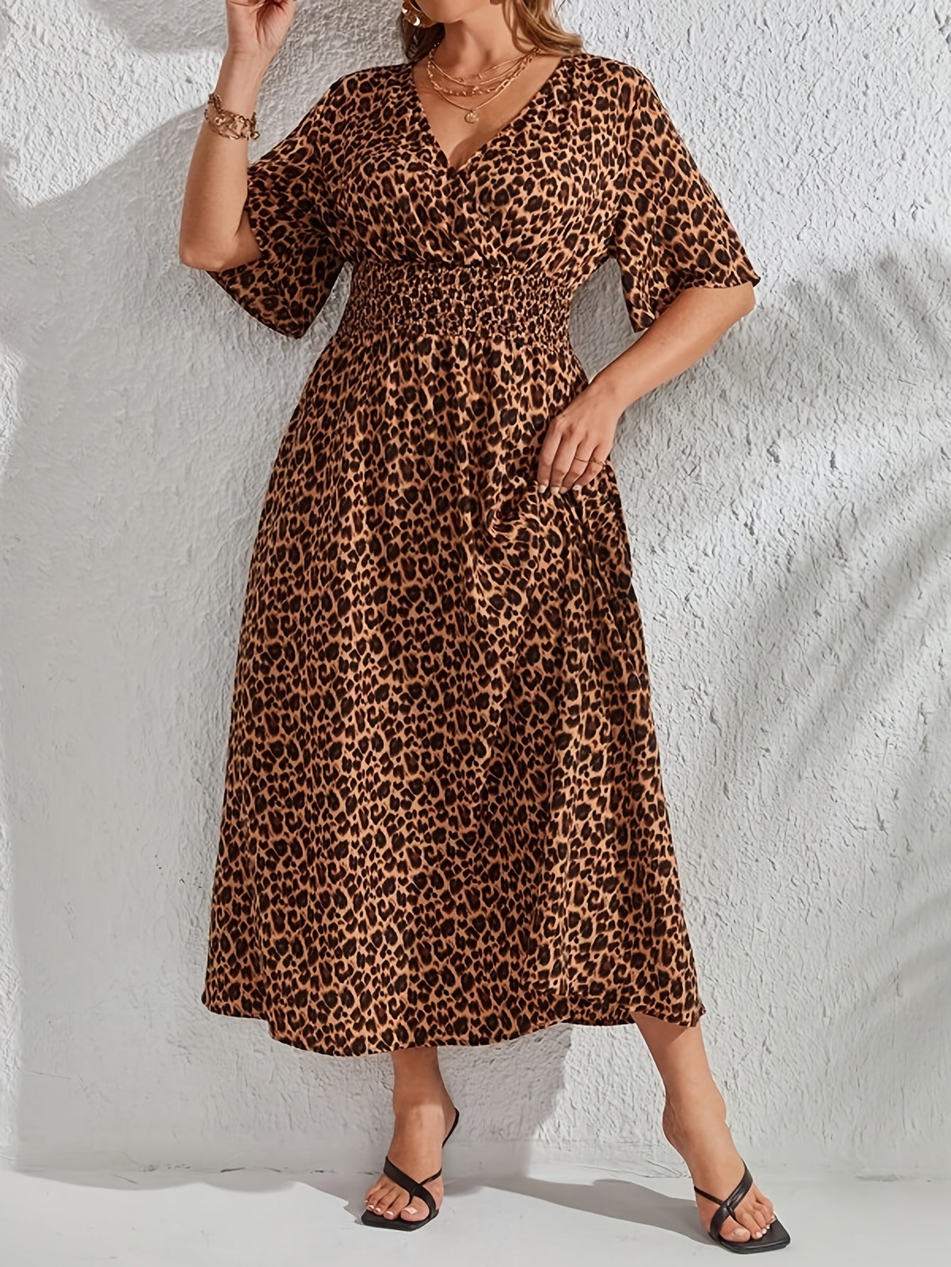  Women's Leopard Print Wrap Dress with V Neck