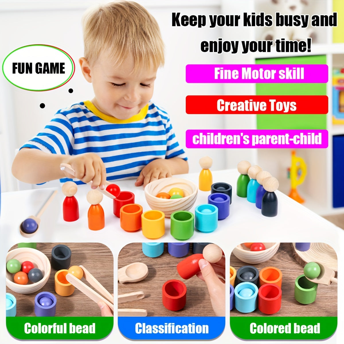 Wooden Rainbow Ball Matching and Sorting Game - Educational Preschool Toy