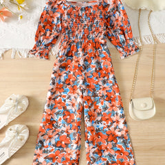 Girls Floral Print Square Neck Long Sleeve Jumpsuit