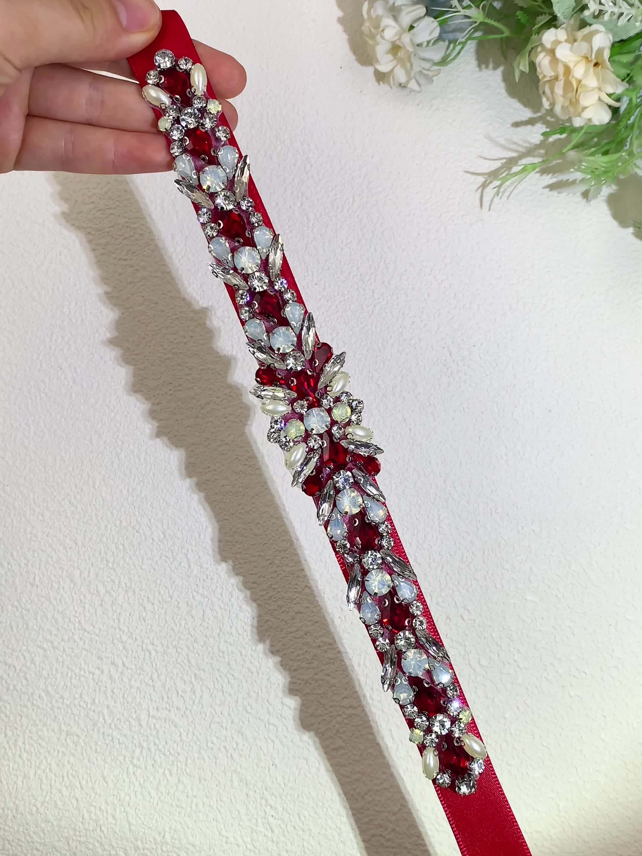 Red Rhinestone Bridal Belt with Crystals and Ribbon Accents