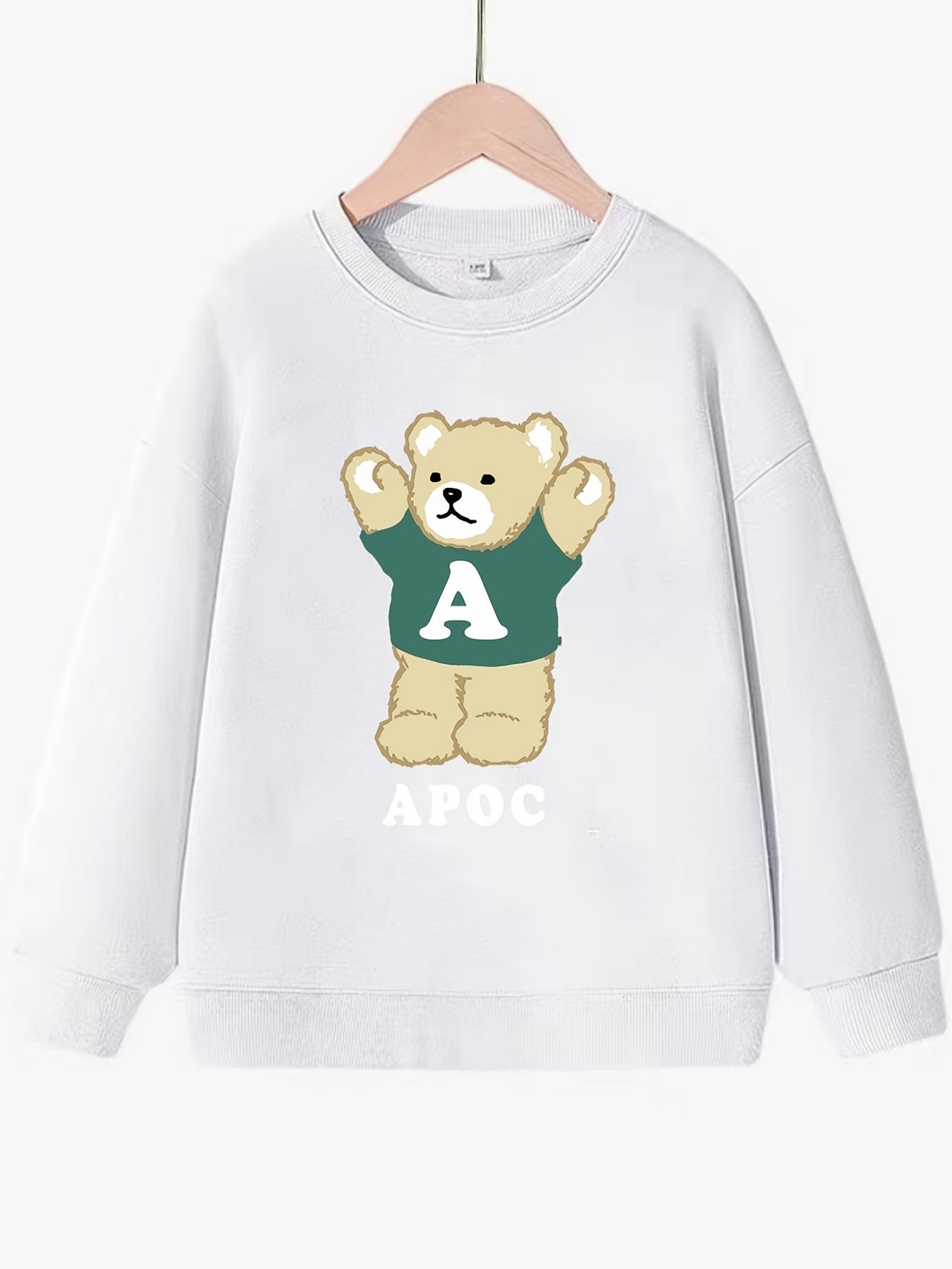 Bear Pattern Round Neck Sweatshirt For Girls Long Sleeve Top Pullovers