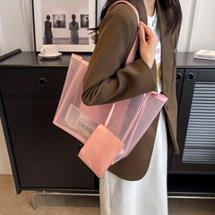 Solid Mesh Tote Bag Large Capacity Shoulder Bag With Purse All Match Beach Bag