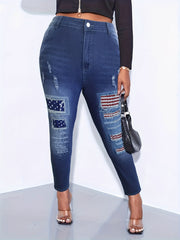  Colorblock Button Fly Ripped Fringe Trim Jeans