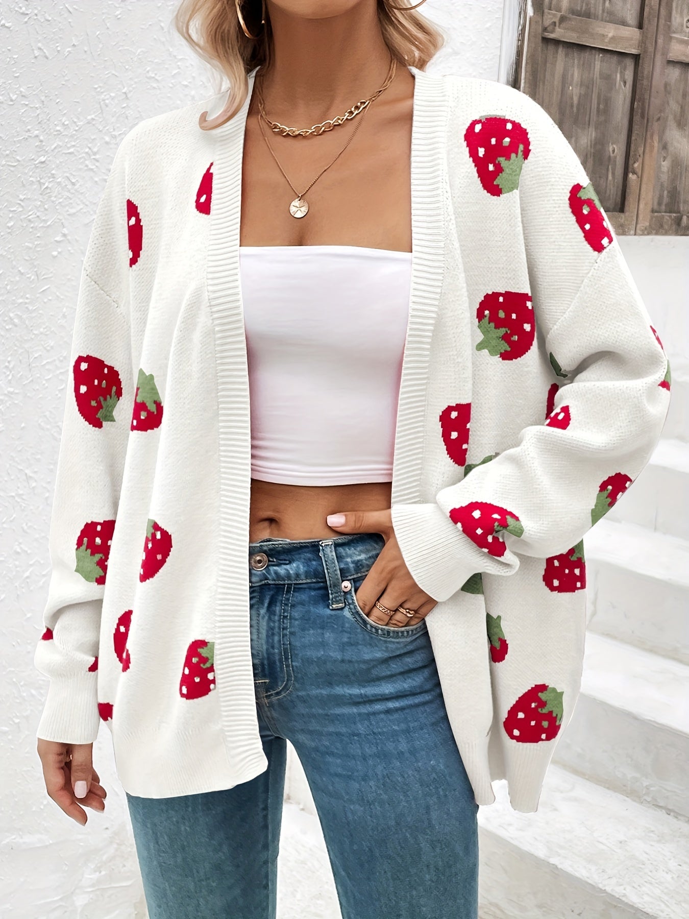 Strawberry Pattern Open Front Cardigan Long Sleeve Cardigan