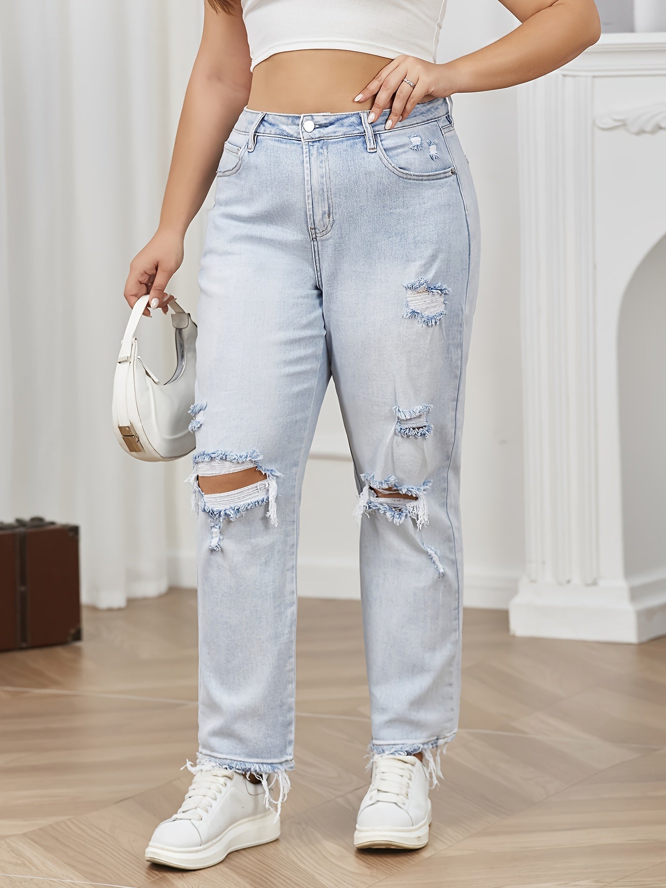  Casual Jeans Women's Plus Ripped Trim Button Fly Jeans
