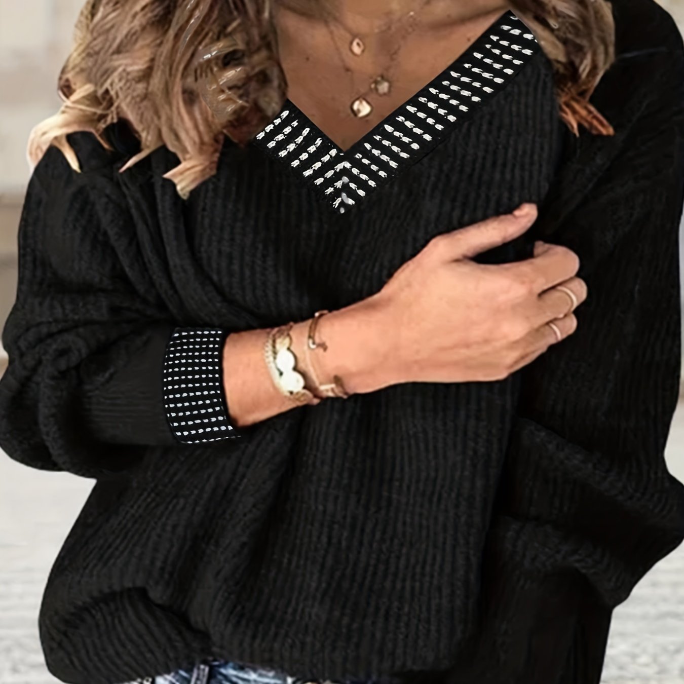  Sequin Decor V Neck Pullover Sweater