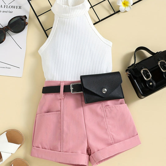 Girl's Ribbed Halter Top & Shorts Set for Summer