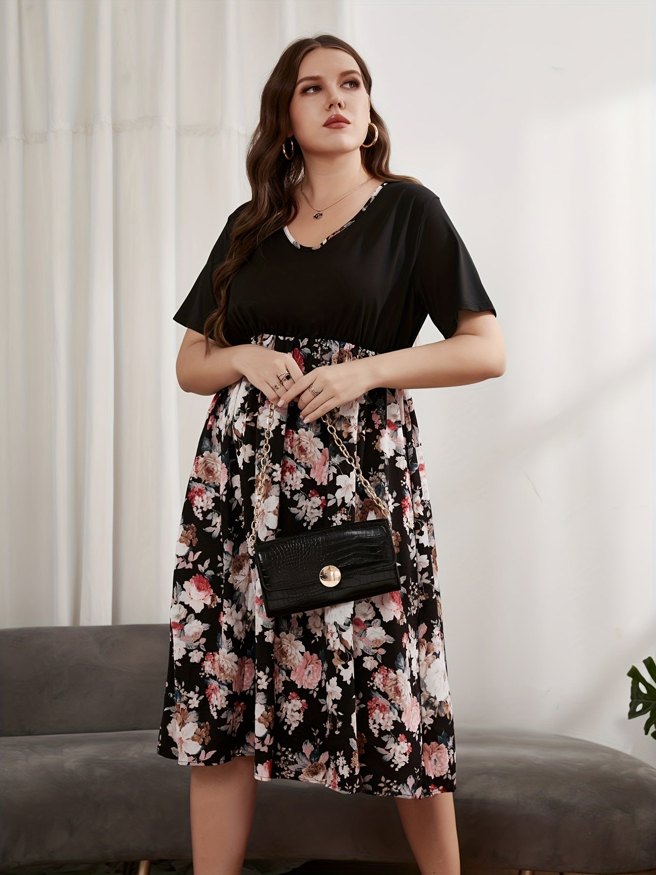 Floral Print Short Sleeve Plus Size Midi Dress