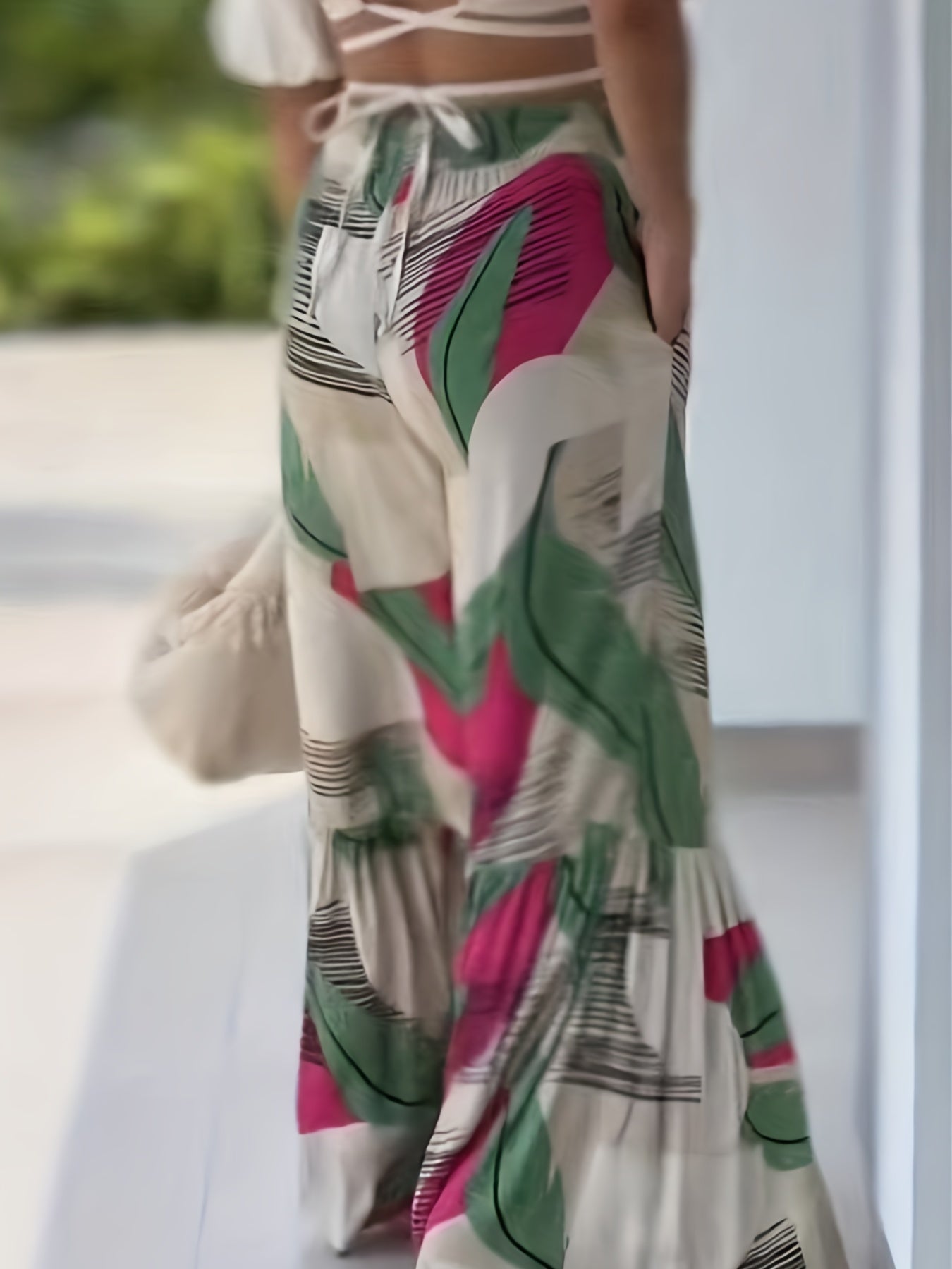  Colorblock Striped Ruffle Trim Wide Leg Pants