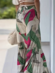  Colorblock Striped Ruffle Trim Wide Leg Pants