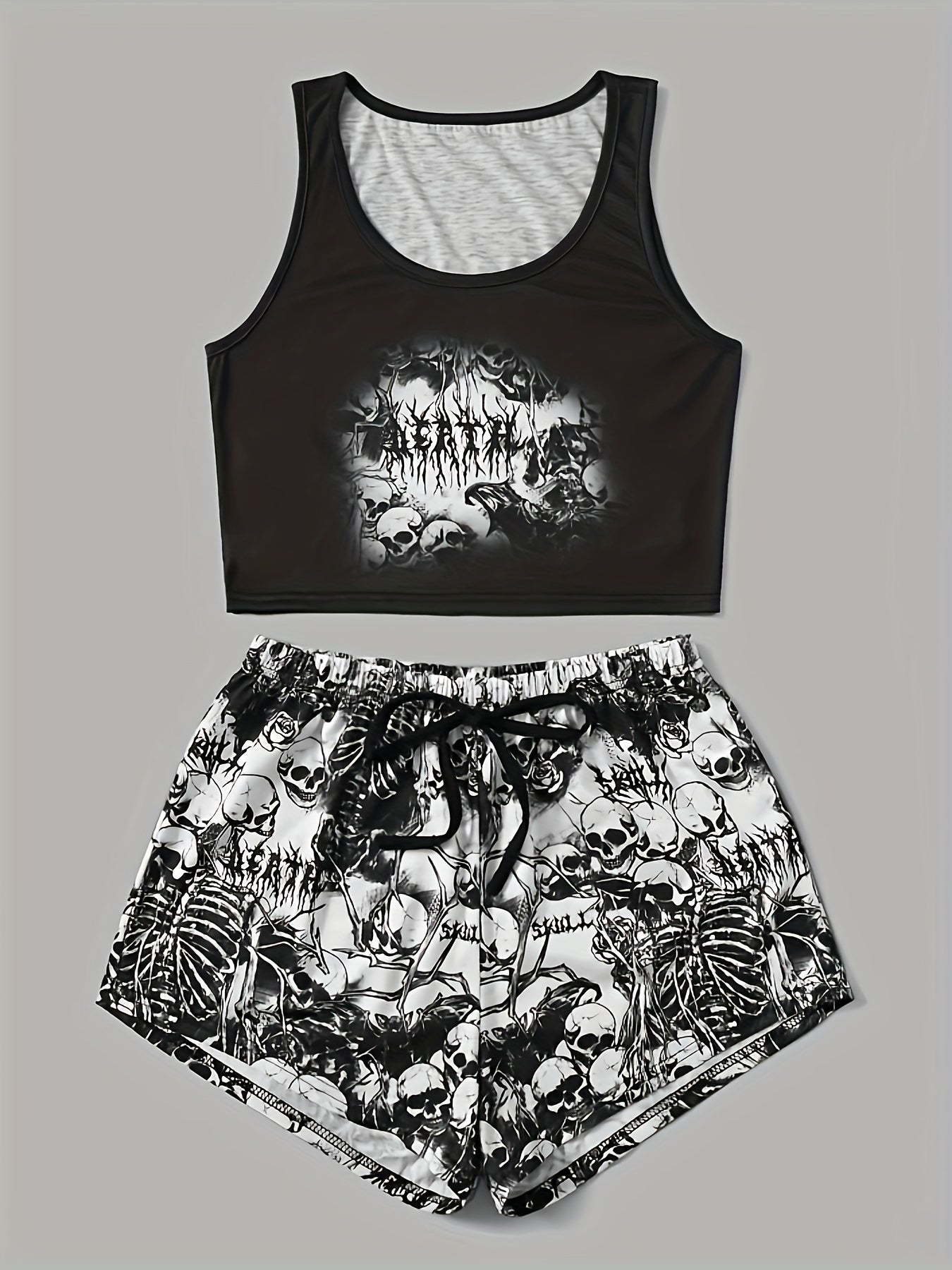 Skull Print Halloween Lounge Set Tank Top & Shorts Women's Loungewear