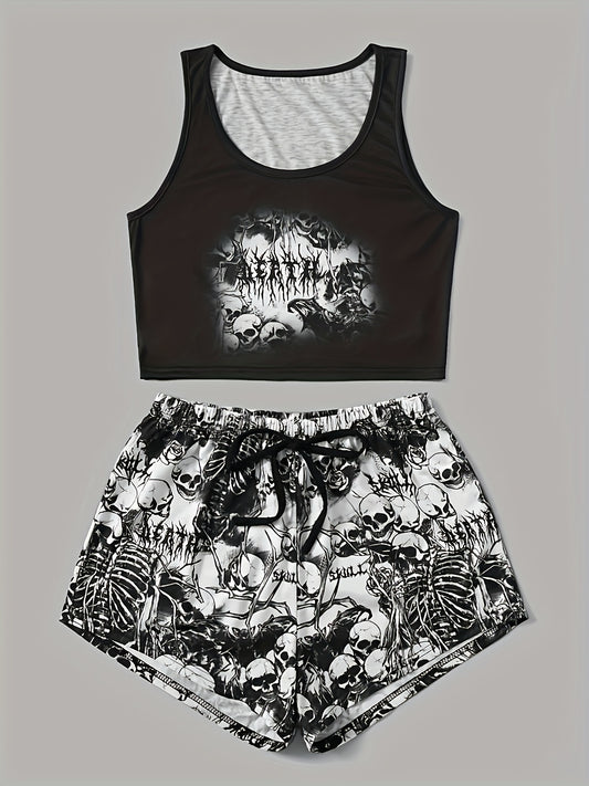 Skull Print Halloween Lounge Set Tank Top & Shorts Women's Loungewear
