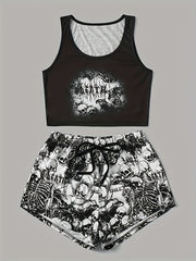 Skull Print Halloween Lounge Set Tank Top & Shorts Women's Loungewear