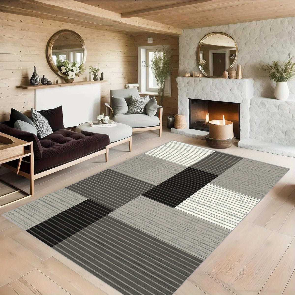 Geometric Line Print Area Rug for Living Room and Bedroom