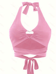 Heart Pattern Decor Halter Neck Top Beach Wear Backless Cross Tie Back