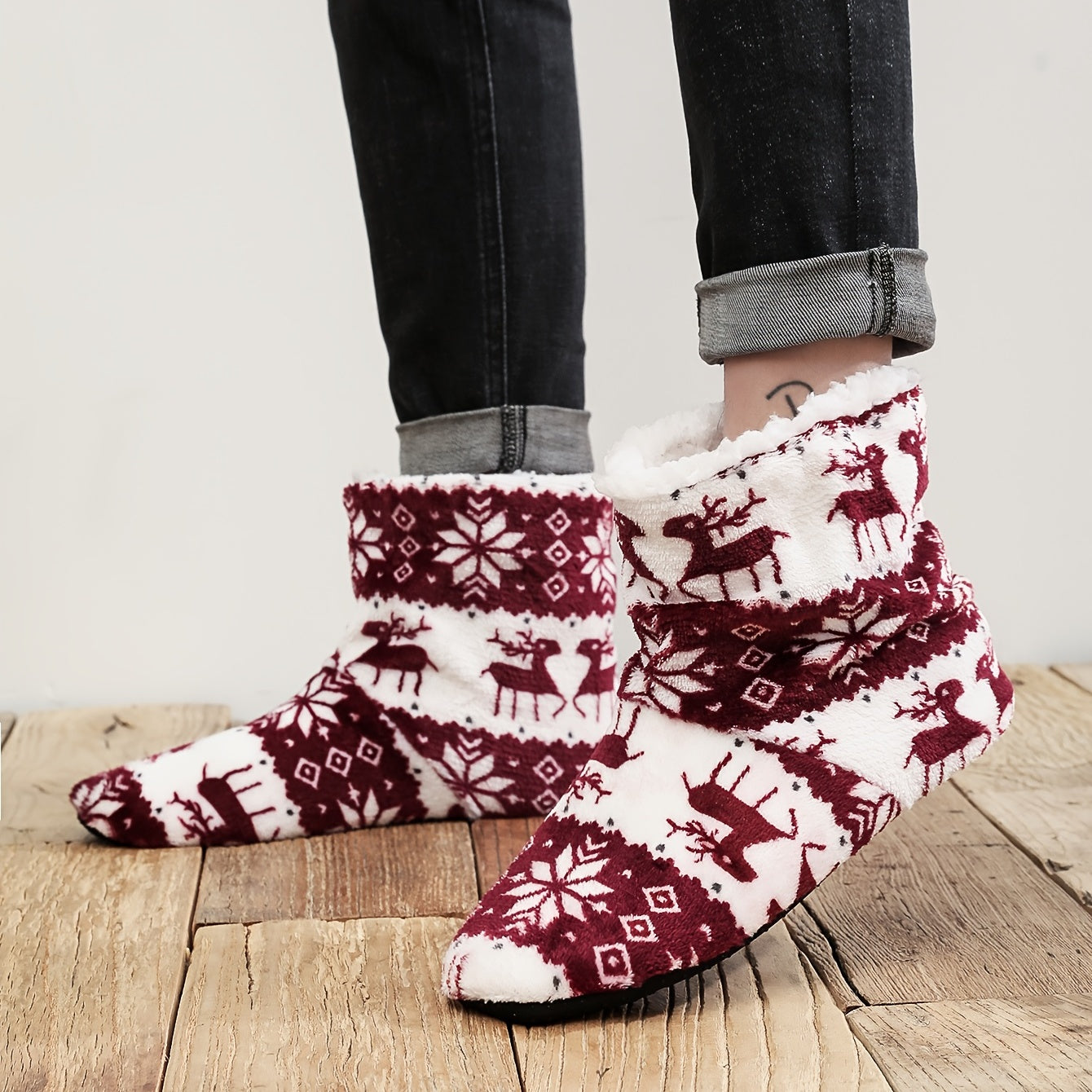 Men's Christmas Slipper Socks Elk Snowflake Pattern Fleece Thermal House Shoes